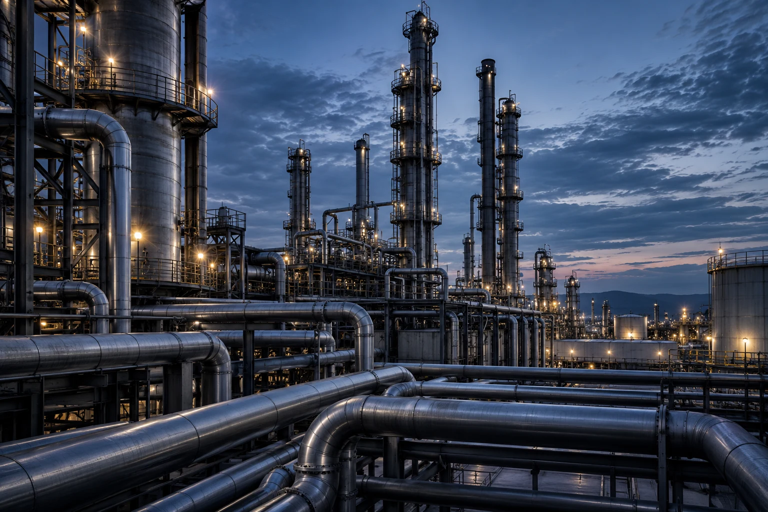 Industrial distillation towers and pipework at dusk