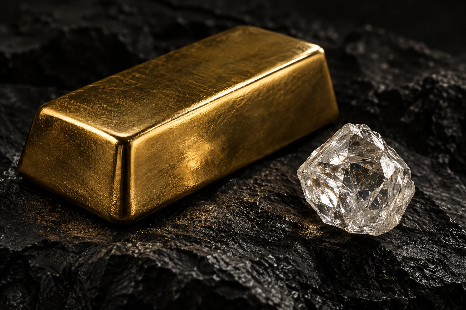 Unbranded gold ingot and a clear rough crystal in a dark studio setting